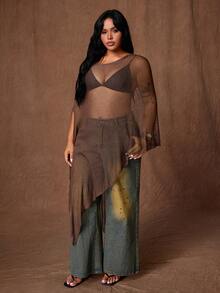 Rustia Plus Size Sexy Off-Shoulder Asymmetrical Sheer Sweater, Spring/Autumn Fall - Brown - View 3