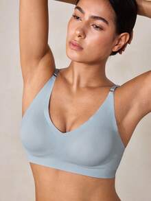 Veilyse 1 pièce Soutien-gorge sans fil amovible rembourré de couleur unie, soutien-gorge de sport sans couture délicat et respirant pour femmes - Bleu ciel - Voir 9