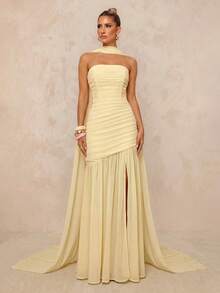 Lumalex Gaun Chiffon Musim Panas Elegan Warna Kuning Muda, Gaun Formal untuk Prom, Pernikahan, Pengiring Pengantin, Model Ekor Ikan, Leher Halter (Payet yang Dapat Dilepas), Bagian Dada Berkerut, Jaring Transparan - Kuning - View 4