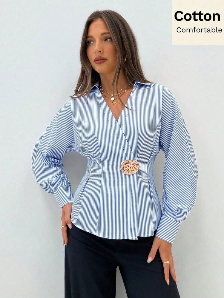 Siren Gaze Autumn/Winter New Striped Metal Buckle Ruched Waist Blouse - Blue - View 4