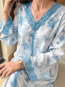 Yasmyna 浪漫花卉印花優雅長版寬鬆休閒女款阿拉伯風洋裝 - 藍色 - 查看 2