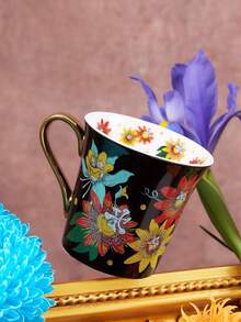 Frida Kahlo X SHEIN 風格墨西哥花卉陶瓷馬克杯 11.83oz/350ml，黑色咖啡杯，彩色花朵印花，亮面光澤，適合藝術愛好者、居家、辦公室與送禮 - 黑色 - 查看 4