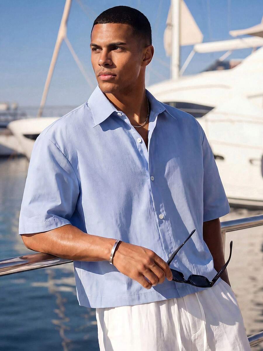 Ocevento Men's Checkered Camp Collar Shirt In Earthy Brown. Relaxed Fit, Fabric. Layer Over Tanks Or Button Up For Vintage Summer Style. - Baby Blue - View 1