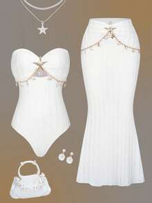 Sirith Solid Color One-Piece Swimsuit, Paired With Starfish Accessories And Beach Dress, Spring/Summer - White - View 4