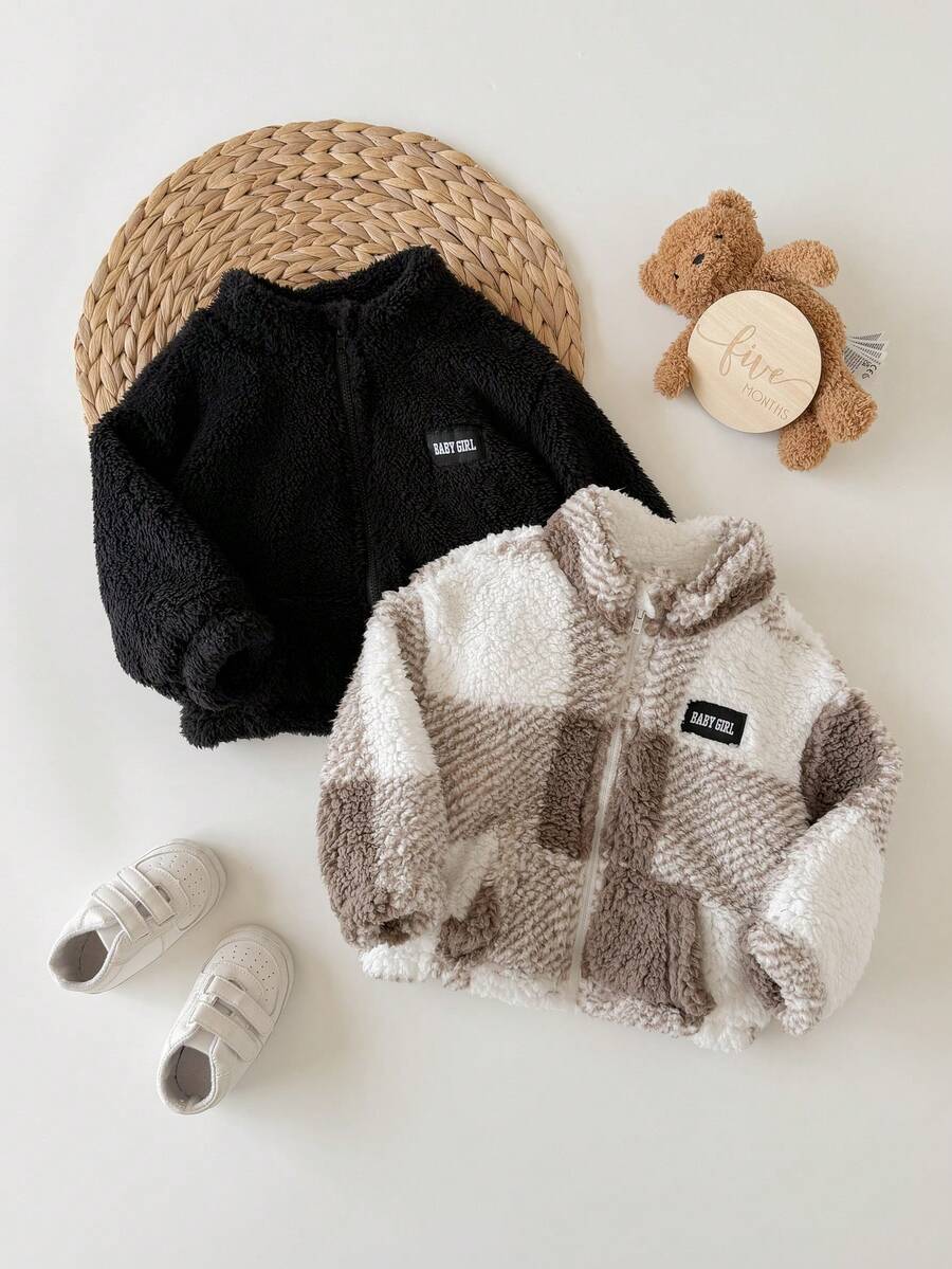 SHEIN 2pcs Jaket Bayi Perempuan Musim Gugur/Musim Dingin Lucu Serbaguna Kasual Berbulu dengan Kerah Tegak - Khaki - View 1
