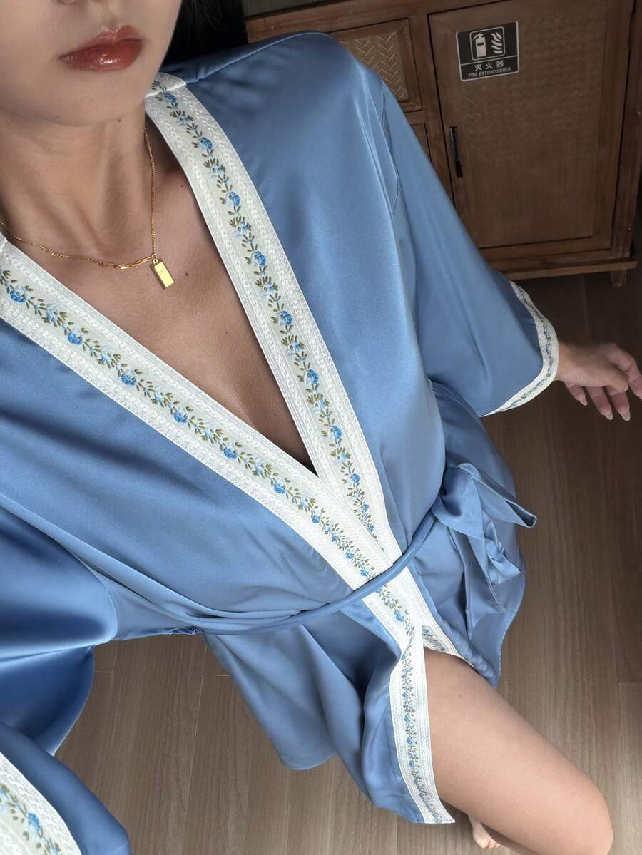 DAZY Summer & Autumn Vacation Woven Tape Patchwork Glossy Satin Women's Robe Pajamas - Blue - View 1