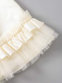 SHEIN Glamorique Kids 女嬰婚禮季花童小蝴蝶結3D荷葉邊無袖洋裝，適合晚宴、畢業舞會、派對、生日派對、度假拍照，夏季短裙，柔軟薄紗高級緞面 - 杏色 - 查看 6