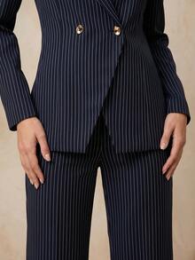QUIZ Marineblau Nadelstreifen Plissee Weite Beinhose mit Knopfverschluss, maßgeschneiderte Anzughose, elegante Arbeitskleidung, formelles Event-Outfit, schicke Bürokleidung für Frauen - marineblau - Übersicht 4