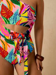 Travachic Plus Size Tropical Plant Print Cutout One Shoulder Tie One-Piece Swimsuit Bathing Suit - Pink - View 4