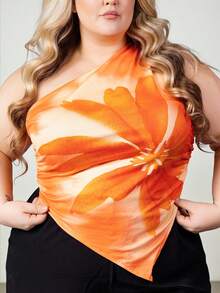 Hourglow Plus Size Women Casual Vintage Floral Print Asymmetrical Top, Suitable For Summer Suitable For Going Out, For Hourglass Body Shape - Multicolor - View 3