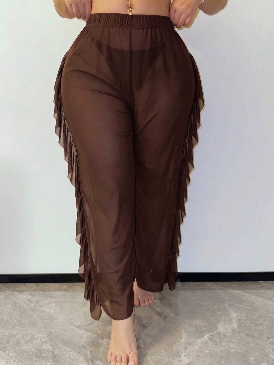 Slaydiva Plus Size Sheer Ruffle Trim Cover-Up Top And Pants - Coffee Brown - View 1