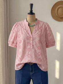 Rusticease Plus Size Women's Spring Casual Vacation Floral Embroidered Pattern Shirt - Pink - View 5