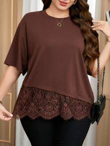 SHEIN Clasi Plus Size Women's Round Neck Lace Patchwork Casual Versatile Daily Wear T-Shirt - Brown - View 9
