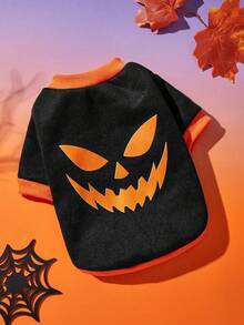 PETSIN 1 Pc Terrifying Pumpkin Halloween Printed Clothes Black Splicing Cat And Dog Warm - Multicolor - View 6