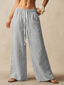 Bohemela Casual Woven Striped Loose Fit Women's Long Pants - Black and White - View 3