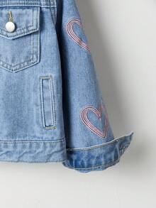 SHEIN Denimly 女孩時尚戶外百搭休閒學院風可愛花朵彩虹蝴蝶結字母愛心印花牛仔夾克外套，翻領水洗牛仔長袖 - 藍色 - 查看 4