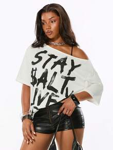 ROMWE Summer Slogan Punk Street Style Hot Girl Splatter Print Design Minimalist Asymmetric Neck Loose T-Shirt - White - View 4