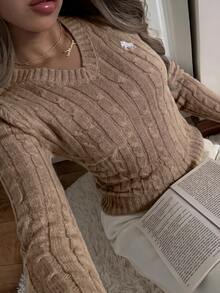 SHEIN EZwear 冬季女款酒紅色V領長袖簡約毛衣，休閒日常穿搭 - 卡其色 - 查看 6