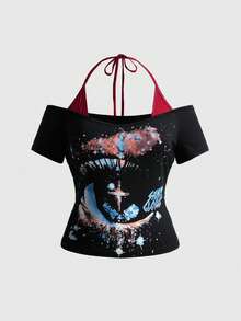 ROMWE Avant Top halter 2 en 1 para mujer talla grande, estilo vintage streetwear unisex versátil con estampado de ojo y cielo estrellado - Negro - Ver 1