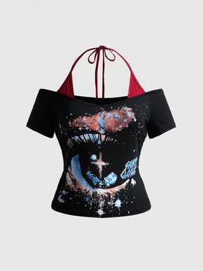 ROMWE Avant Plus Size Women's Vintage Streetwear Unisex Versatile Eye & Starry Sky Print 2 In 1 Halter Top