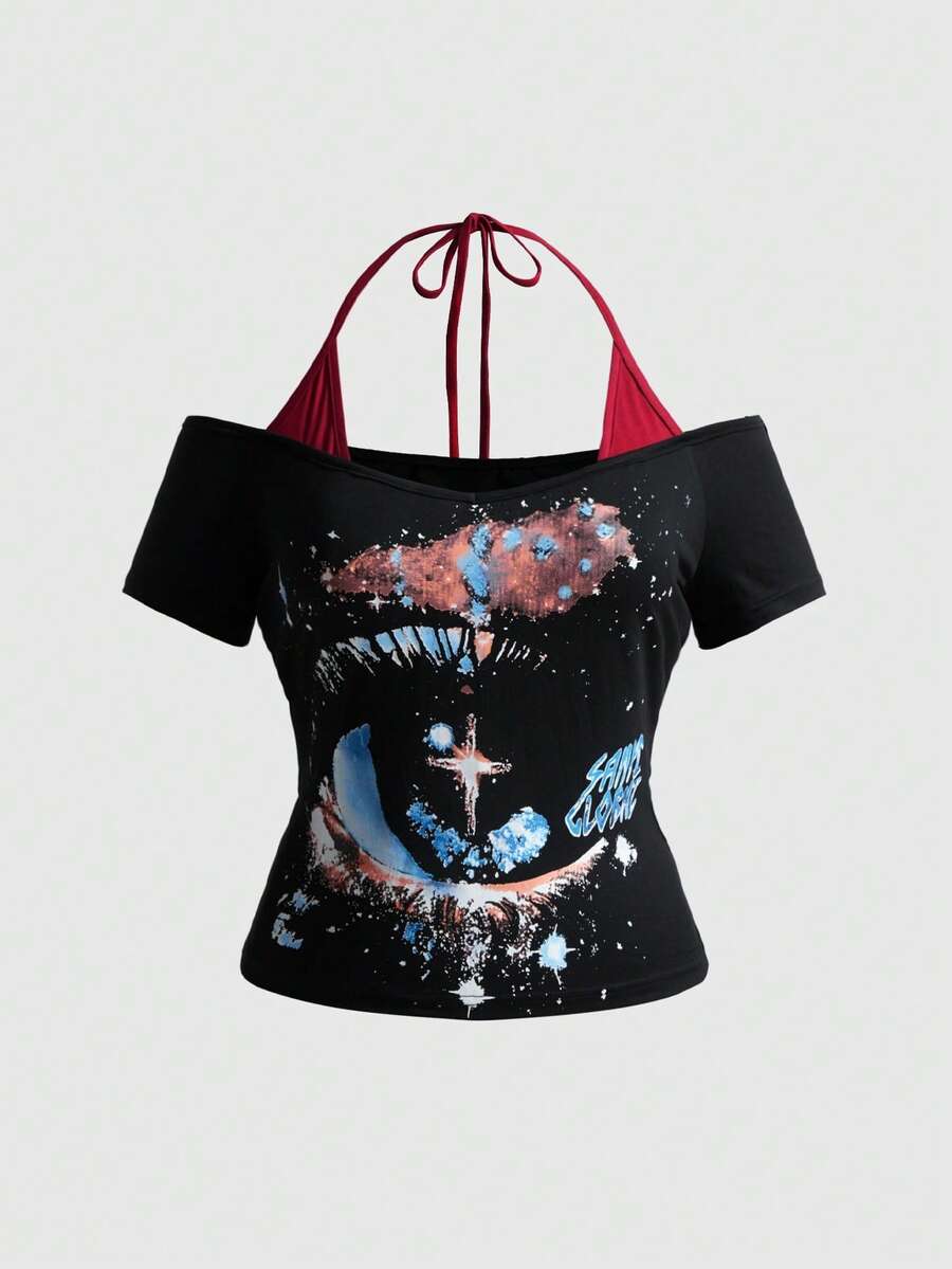 ROMWE Avant Top halter 2 en 1 para mujer talla grande, estilo vintage streetwear unisex versátil con estampado de ojo y cielo estrellado - Negro - Ver 1