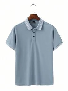 Calvornis 男士 1/4 鈕扣短袖極簡圖案時尚百搭 Polo 衫 - 霧霾藍 - 查看 5