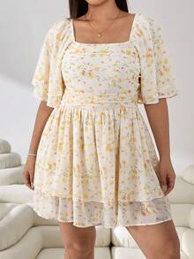 Solflare Mono elegante de mujer talla grande con cuello cuadrado, estampado floral, mangas raglán cortas y bajo con volantes - Multicolor - Ver 3