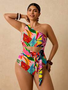 Travachic Plus Size Tropical Plant Print Cutout One Shoulder Tie One-Piece Swimsuit Bathing Suit - Pink - View 7
