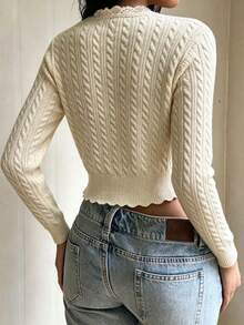 Modelyn Autumn Sexy Fitted Versatile Cable Knit Button Lace Trim Cardigan Elegant Fashion Design Short Long Sleeve Sweater Jacket - Apricot - View 2