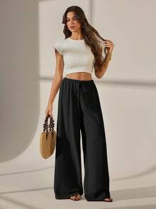 SHEIN Tall 女款純色抽繩腰休閒百搭日常穿著寬腿長褲 - 黑色 - 查看 3