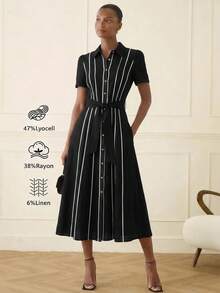 Lilora Elegant Women Black Button Down Dress With Belted Waist - Black and White - View 1