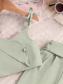 SHEIN Elladie kids 女童時尚蝴蝶結西裝背心與西裝長褲2件套，適合日常穿著、度假、夏季 - 薄荷綠 - 查看 3