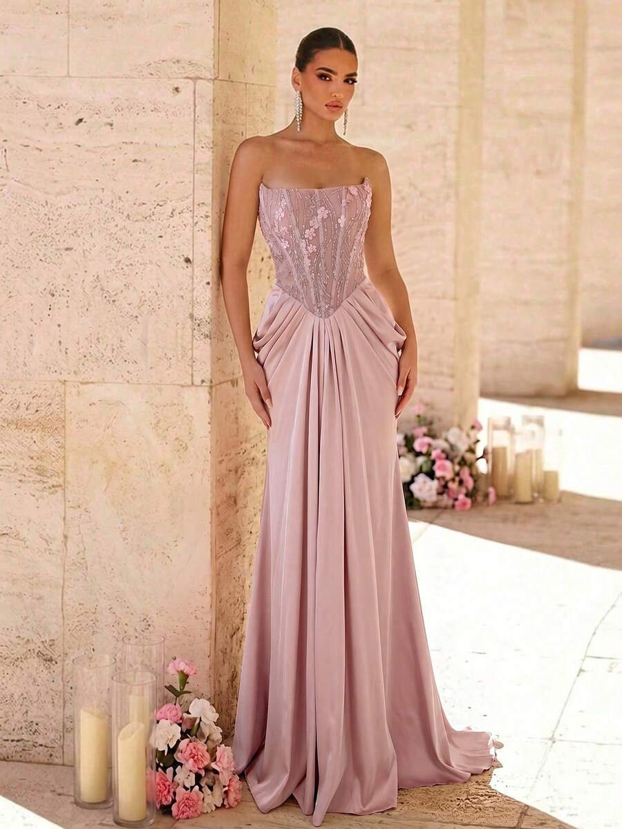 Glamrae Elegant Queen Formal Party Gala Dinner Light Pink Beaded 3D Floral Applique Patchwork Satin Strapless Corset Mermaid Tail Evening Gown Wedding - Pink - View 1