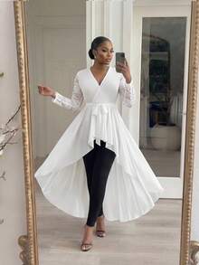 SHEIN Lady CURVE 大尺碼優雅純色蕾絲拼接不對稱下擺襯衫 - 白色 - 查看 4