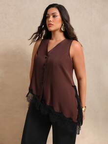 Juhart Plus Size Women's Solid Color V-Neck Sleeveless Blouse, Asymmetrical Hem Lace Trim Design, Elegant Casual Style, Suitable For Spring/Summer Vacation Outfits - Brown - View 3