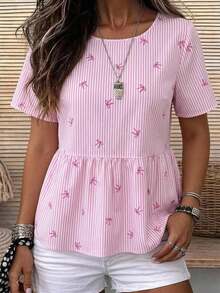 SHEIN LUNE Damen Große Größen Weiß Kurzarm Lässig Fairycore Süß Kawaii Hemd Geburtstag Business Urlaub Brunch Abendessen Büro Sommer - Pink - Übersicht 1