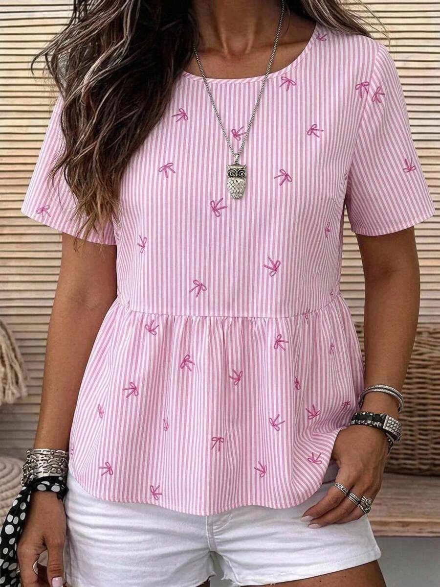 SHEIN LUNE Damen Große Größen Weiß Kurzarm Lässig Fairycore Süß Kawaii Hemd Geburtstag Business Urlaub Brunch Abendessen Büro Sommer - Pink - Übersicht 1