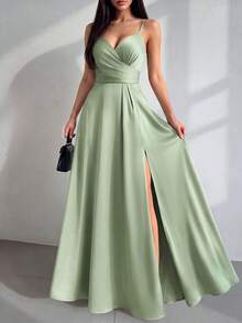 Firerie Women's Pleated Deep V-Neck Slit Front Bridesmaid Dress With Spaghetti Straps (Adult) Elegant Dress Wedding - Mint Green - View 2