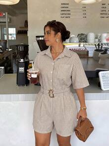 Firerie Plus Size Summer Casual Striped Romper Elegant Office Business Work Jumpsuit For Women Casual Brown Striped Jumpsuit Daily Elegant Going Out Jumpsuit - Multicolor - View 3