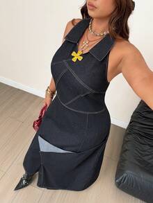 Jeanoix Vestido Y2K Cargo Cowboy Goth Talla Grande para Mujer Sin Estiramiento Azul Marino Diseño Desconstruido con Abertura Decoración Plegada Color Original Texturizado Casual Playa Otoño - Negro - Ver 6