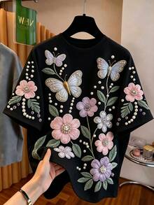 少女休閒可愛優雅圖案短袖寬鬆落肩T恤，適合夏季派對，黑色 - 白色 - 查看 5