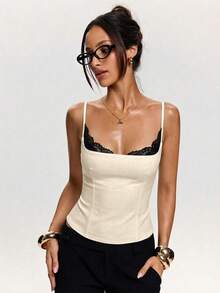 SHEIN BAE Women's Summer Elegant Colorblock Lace Patchwork Camisole Top - Apricot - View 4