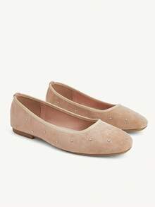 CUCCOO CHICEST 女款春夏鞋，裝飾點綴，圓頭平底芭蕾風亮面緞面多色高跟涼鞋 - 杏色B - 查看 2