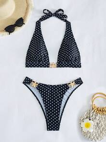 Swim Vcay 新款女款純色泳衣套裝 掛脖綁帶式露背海星裝飾高腰三角比基尼兩件式海灘度假泳裝 - 彩色 - 查看 3
