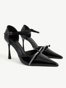 CUCCOO CHICEST Sexy Black Patent Leather Rhinestone Bow Pointed Toe Stiletto High Heels, Side Space Design Shoes, Dating And Commuting Two Shoes - Black - View 4