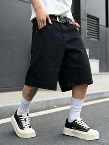 Manfinity Hypemode Spring/Summer Casual Mature Washed Deep Blue Loose Fit Double Knee Cargo Denim Shorts - Black - View 6