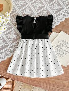 SHEIN Playful Pals Infant Girls Casual Daily All-Match Versatile Cute Butterfly Print Dress With Waist Belt Suitable For Outings - Black and White - View 2