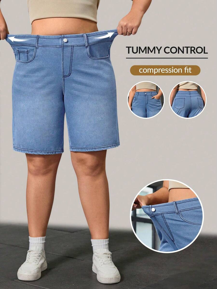 Flexra Plus Size Women's Casual Old Money Style Stretch Straight Leg Denim Shorts - Light Wash - View 1