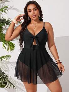 SHEIN Swim Curve 大尺碼女款純色抓皺細肩帶連身泳衣，適合海灘度假、泳池派對、海灘派對 - 黑色 - 查看 4