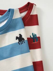 Cozy Pixies Baby Jungen 3-teiliges Set mit bunt gestreiftem Nomad-Stil, Kaktus-Sonnenaufgang-Wüstenmuster, weichem Strick-Pullover mit Rundhalsausschnitt und Kurzarm sowie Shorts mit elastischem Bund, lässig für den Urlaub - Verschiedenfarbig - Übersicht 7